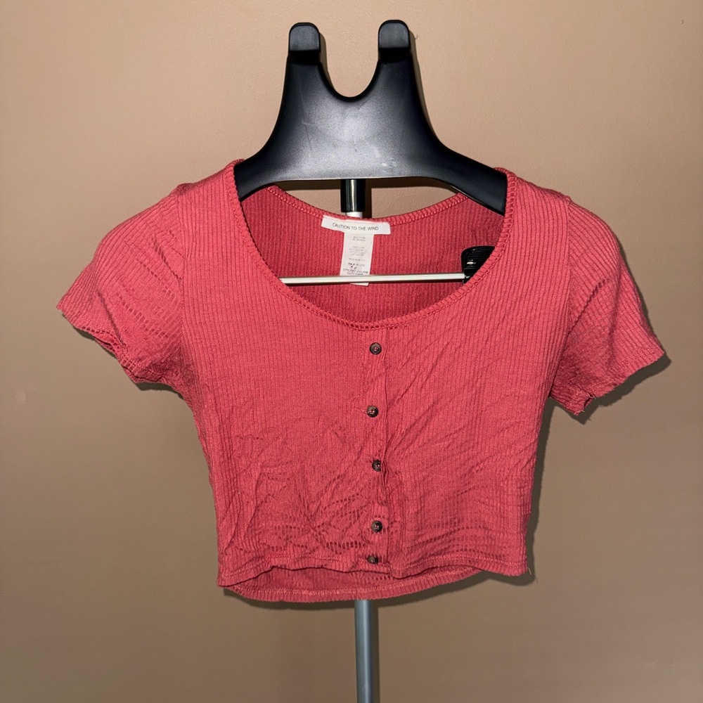 Caution To The Wind Coral Button-Down Crop Top